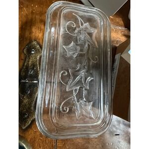 Vintage Clear Pressed Glass Butter Dish Lid Embossed Ivy Leaf Scrolled Pattern